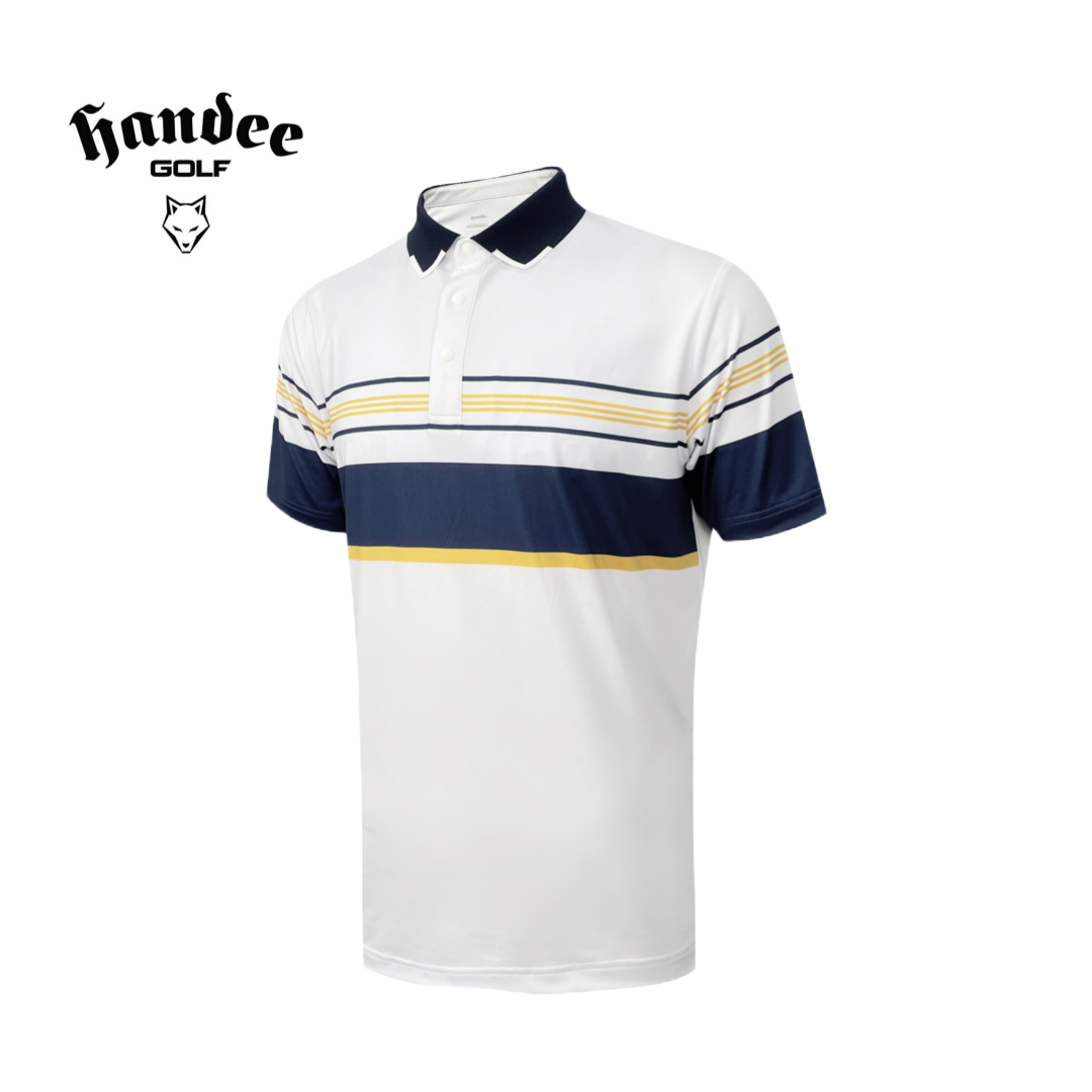 Men White Navy Bold Stripe Golf Shirt Handee Golf