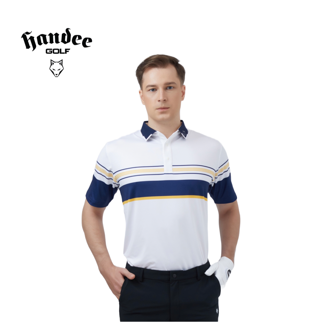 Men White & Navy Bold Stripe Golf Shirt